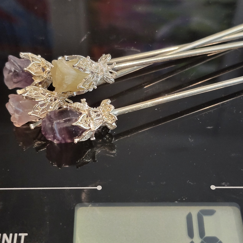 Elegant Silver Hair Sticks with Gemstone Accents